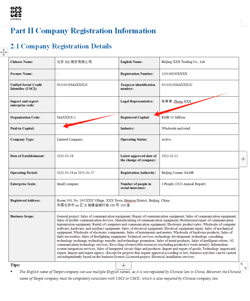 Registered Capital in China example