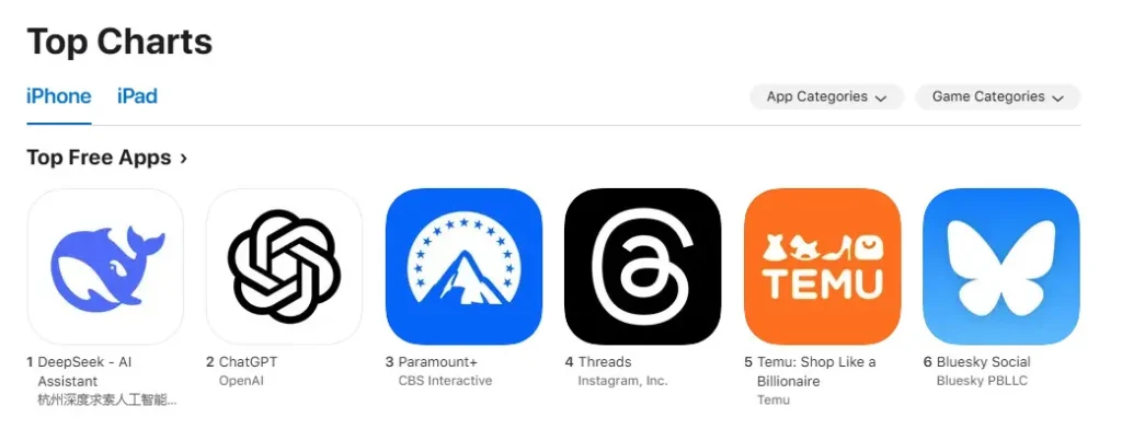 DeepSeek the top free app US App Store